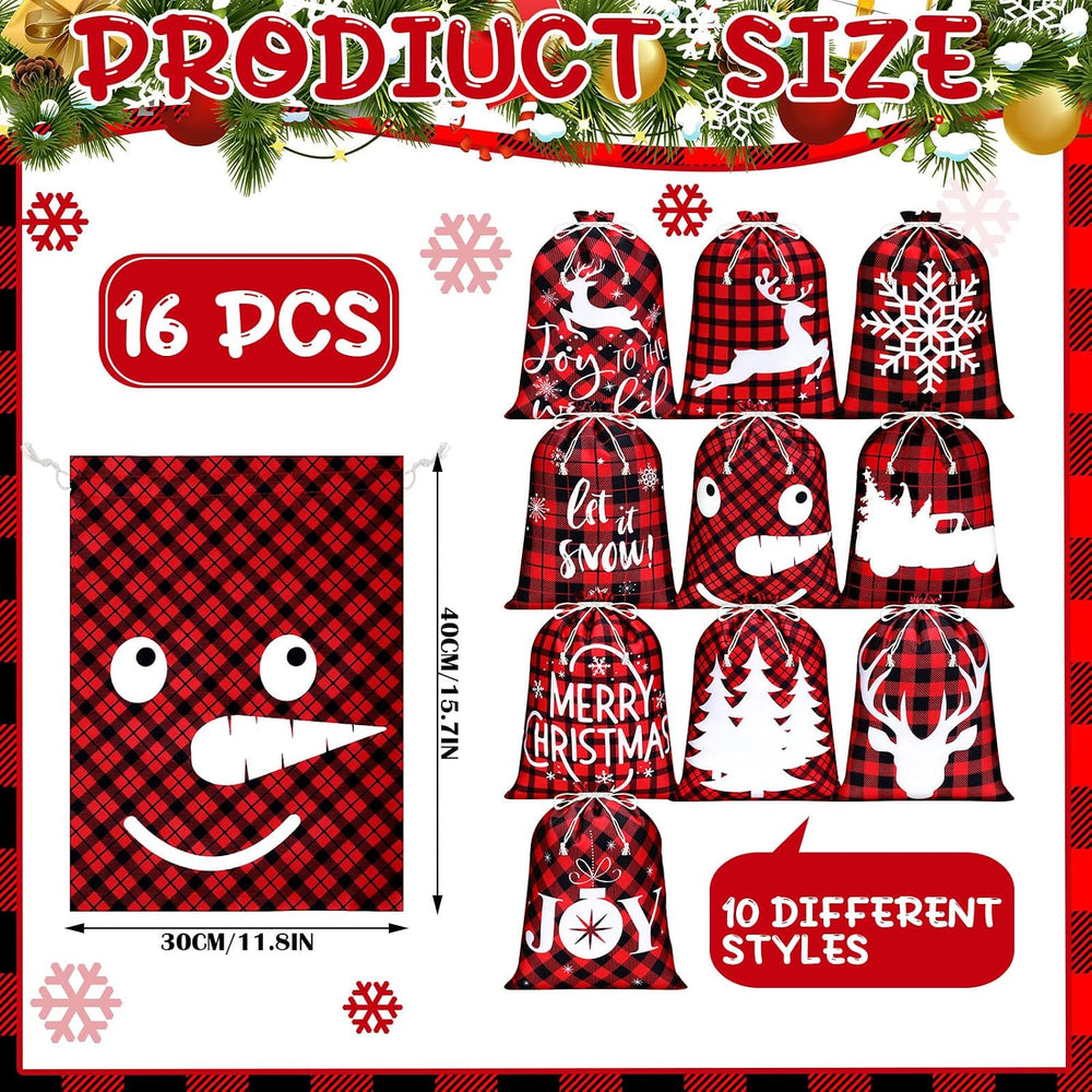 Windyun 16 Pcs Christmas Drawstring Bags Santa Sack Bag 12x16 Inch