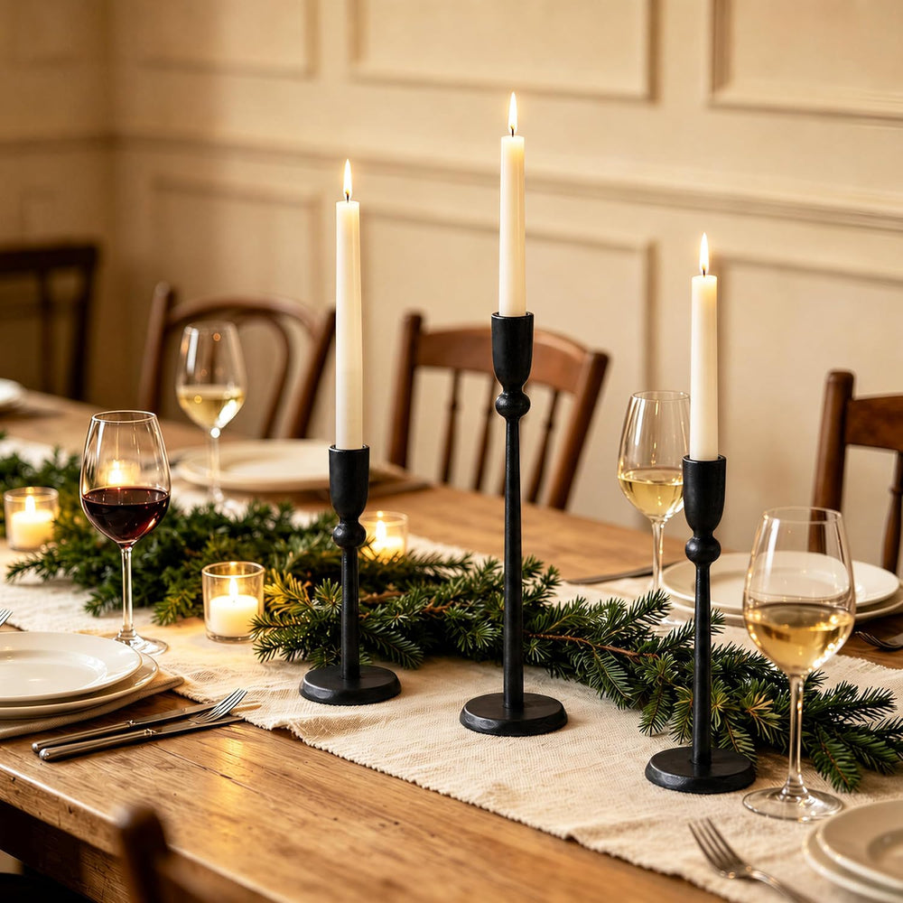 PERFNIQUE Black Candle Holders for Candlesticks Set of 3, Cast Iron Decor