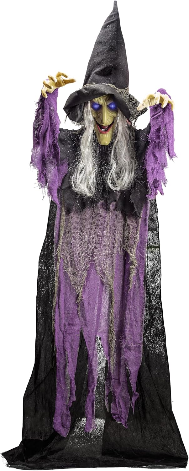 JOYIN 72” Halloween Hanging Witch Decorations Outdoor, Flying Talking Ghost Decor Light Up Eyes Sound Activated, Outside Indoor Haunted House Prop for Lawn Yard Garden, Purple