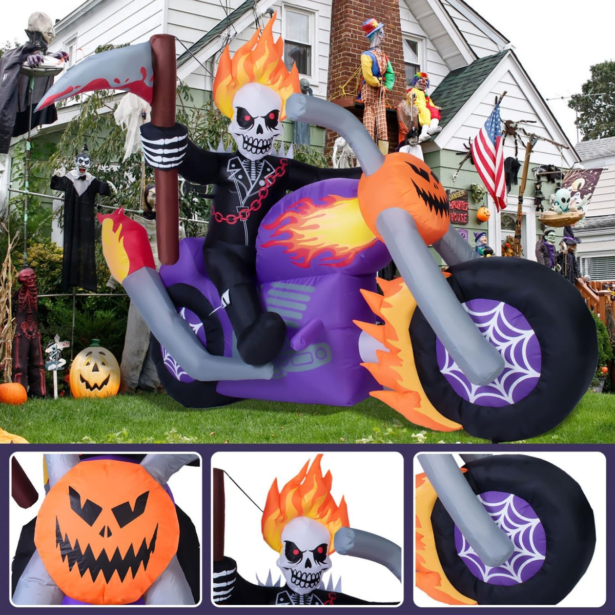6 ft halloween inflatable grim reaper motorcycle with showing dimensions
