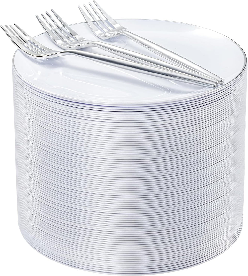 Rubtlamp 100Pcs Plastic Dessert Plates 7.5inch,100Pcs Disposable Silver Forks,White Plastic Plates With Silver Rim, Small Plastic Plates,Dessert Plates With Forks for Appetizer Cake