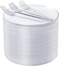 Rubtlamp 100Pcs Plastic Dessert Plates 7.5inch,100Pcs Disposable Silver Forks,White Plastic Plates With Silver Rim, Small Plastic Plates,Dessert Plates With Forks for Appetizer Cake