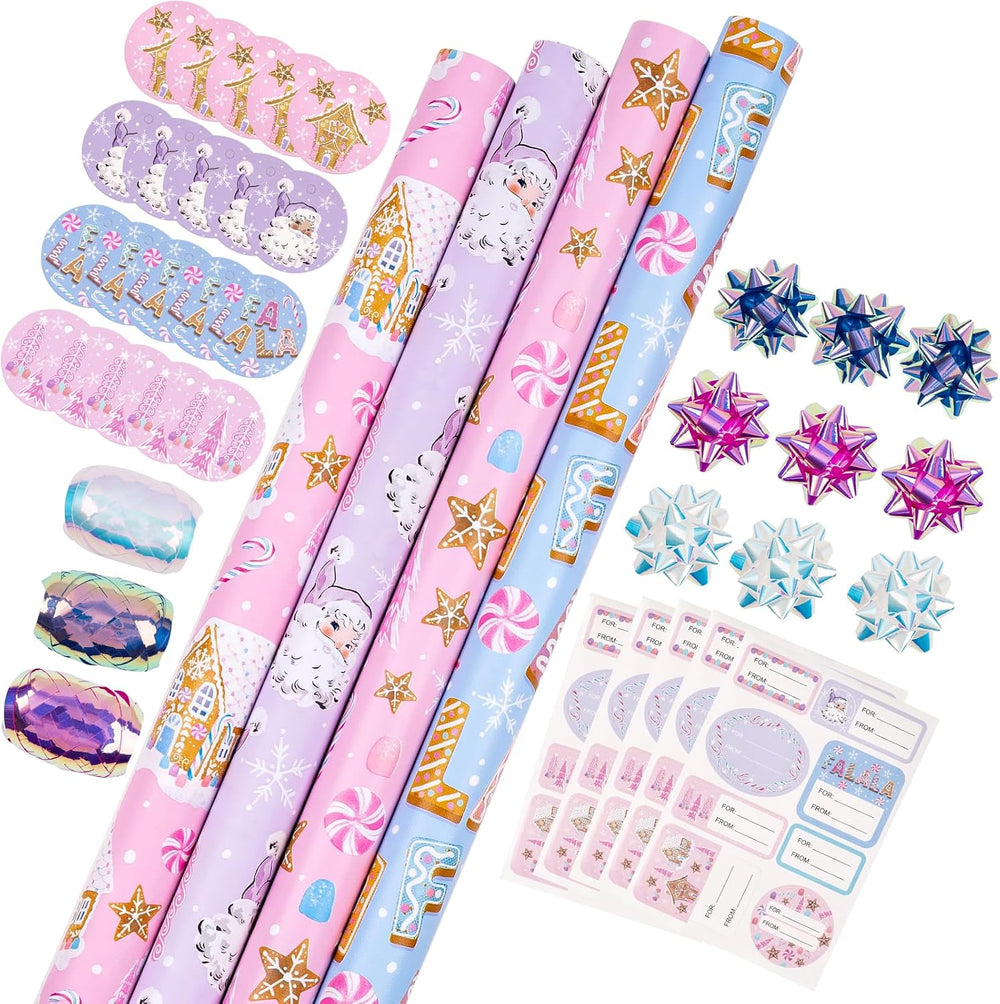 WRAPAHOLIC Christmas Wrapping Paper Set - Pastel Pink Purple Gingerbread Hous...