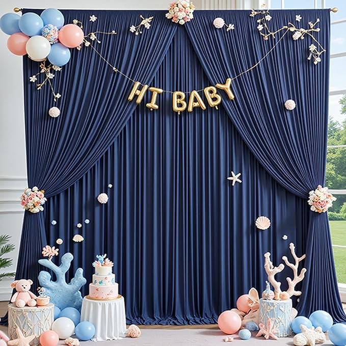 60×14ft Wrinkle Free Navy Blue Backdrop Curtain for Wedding Parties,12 Panels 5×14ft Height Soft Silky Polyester Photo Backdrop Drapes Curtains for Birthday Photography Stage Events Background Cloth