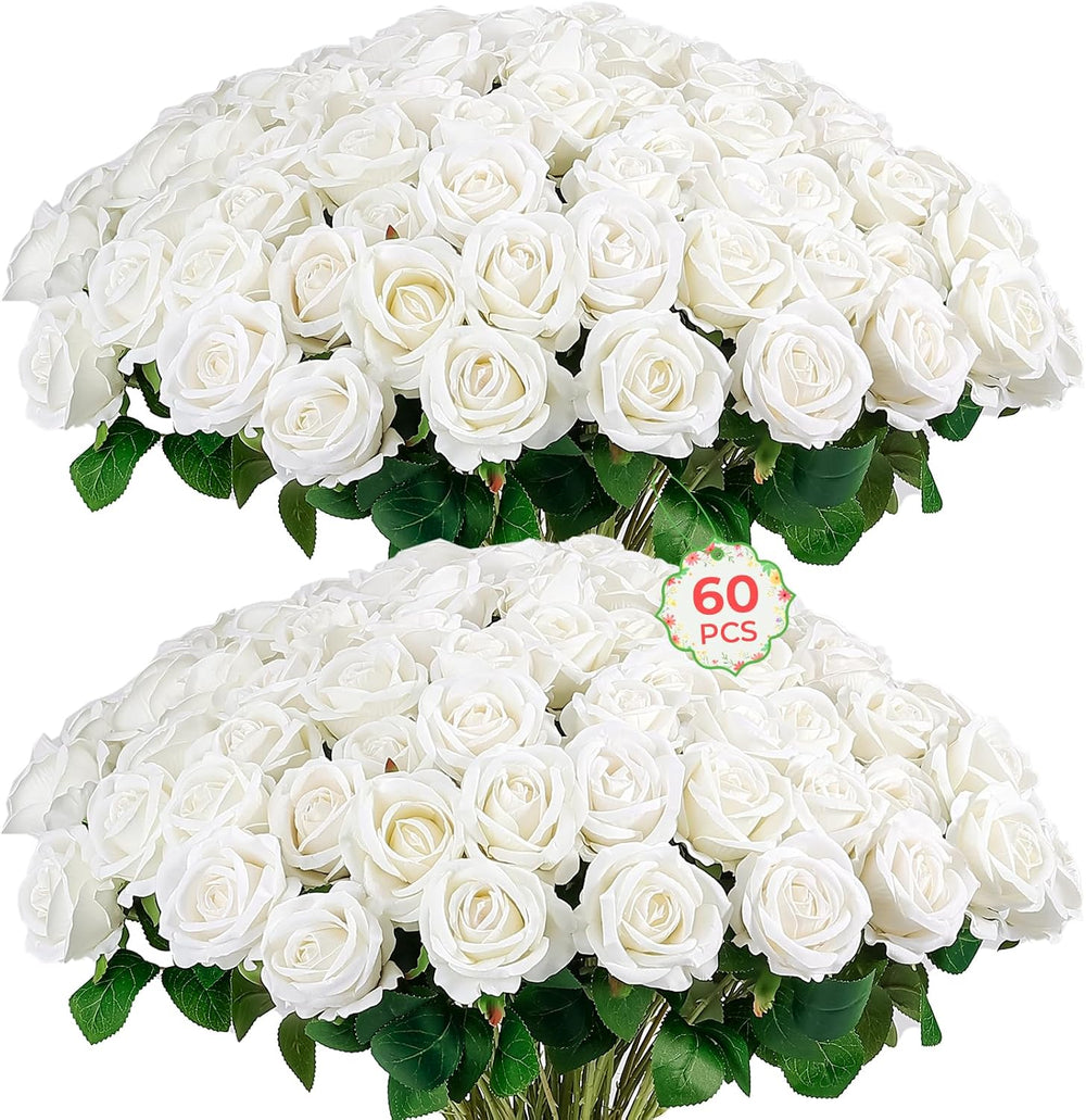Auihiay 60PCS White Roses Artificial Flowers, Fake Roses, Velvet Silk