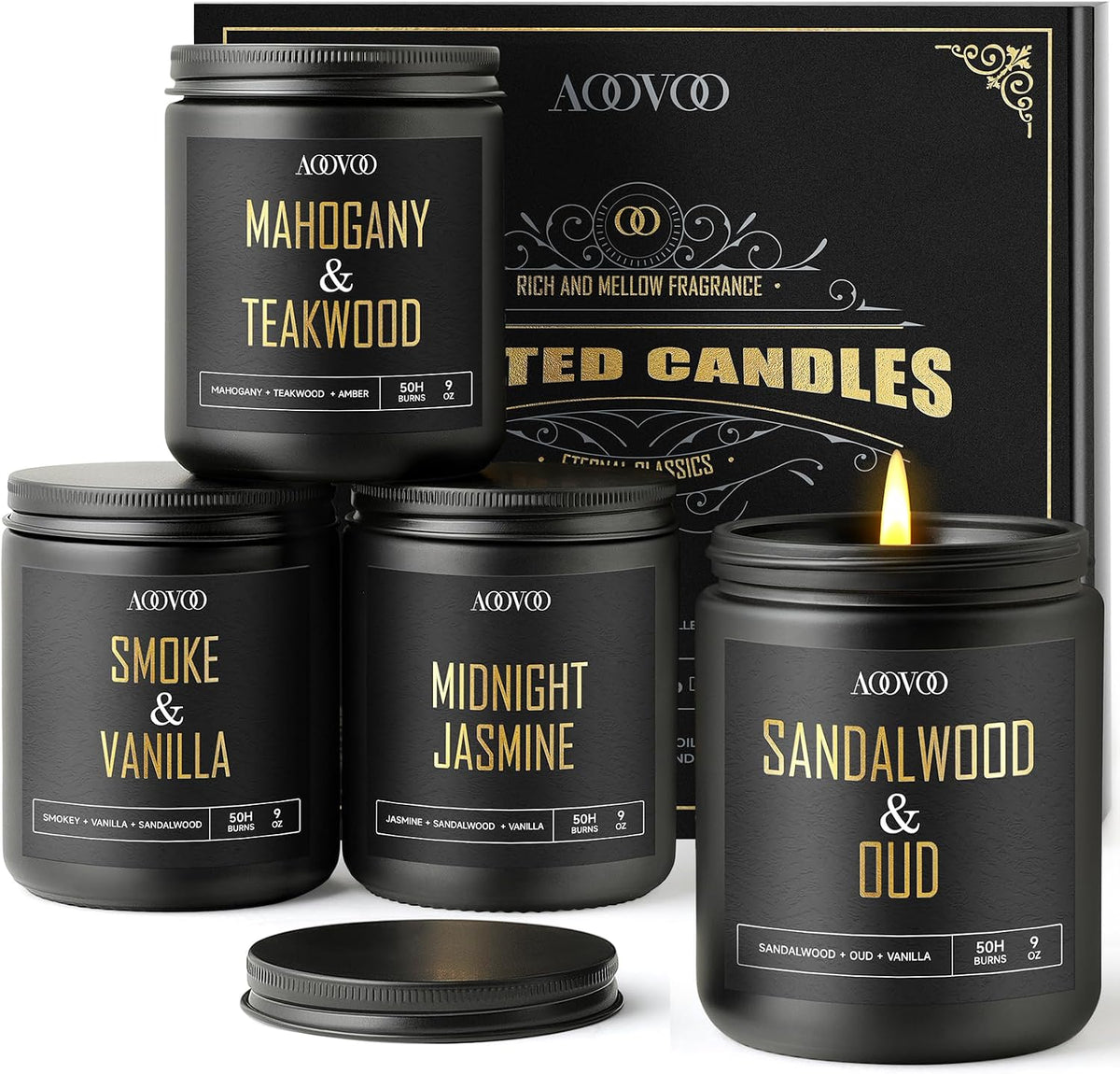 AOOVOO Scented Candles for Men - 4 Pack Candles for Home Scented, 36oz Soy Wax, 200 Hour Burn Time, Men Candle Set, Sandalwood Oud/Mahogany Teakwood/Smoke Vanilla/Jasmine Candle Set A