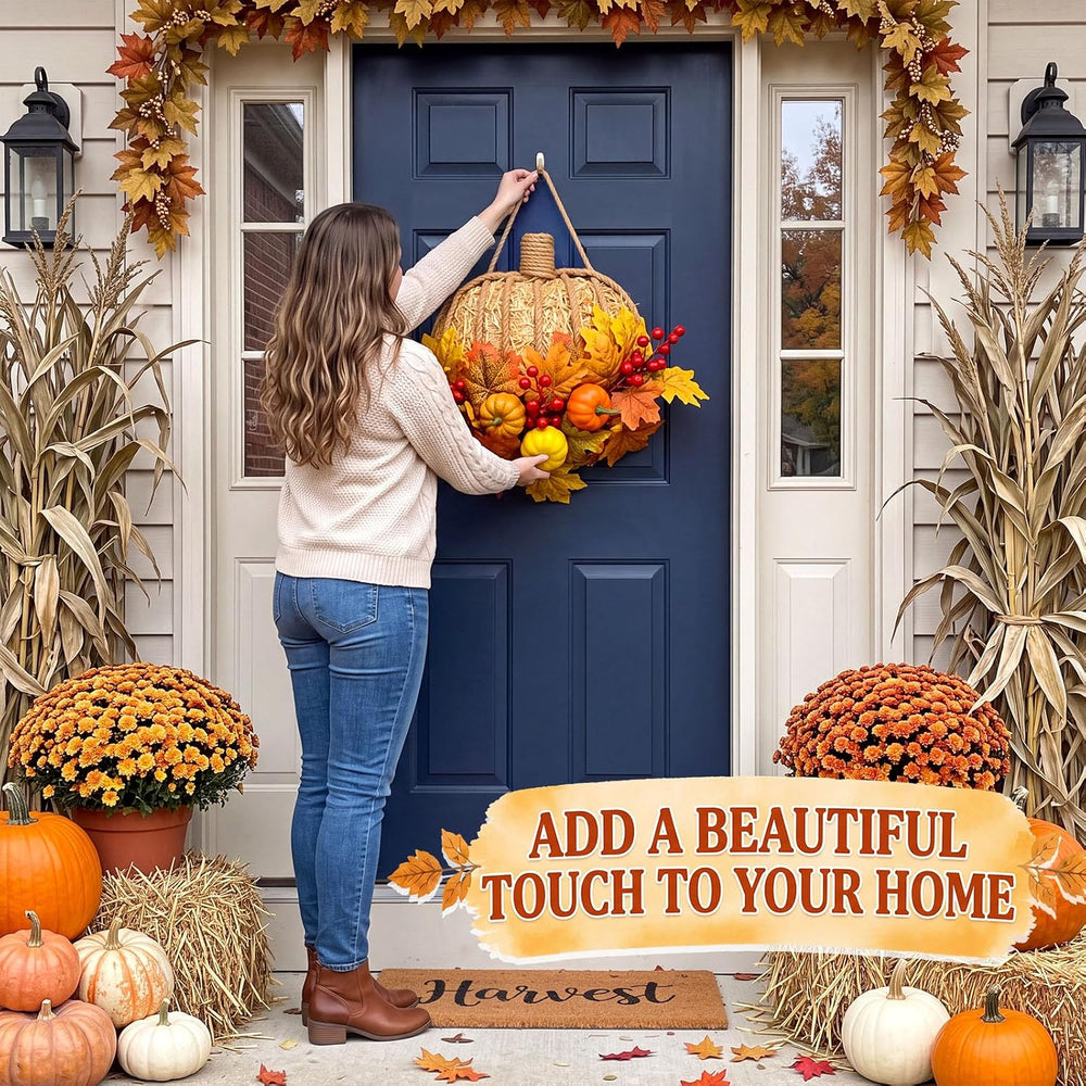 13 Inch Fall Pumpkin Wreath for Front Door, Artificial Pumpkin Maple Leaves