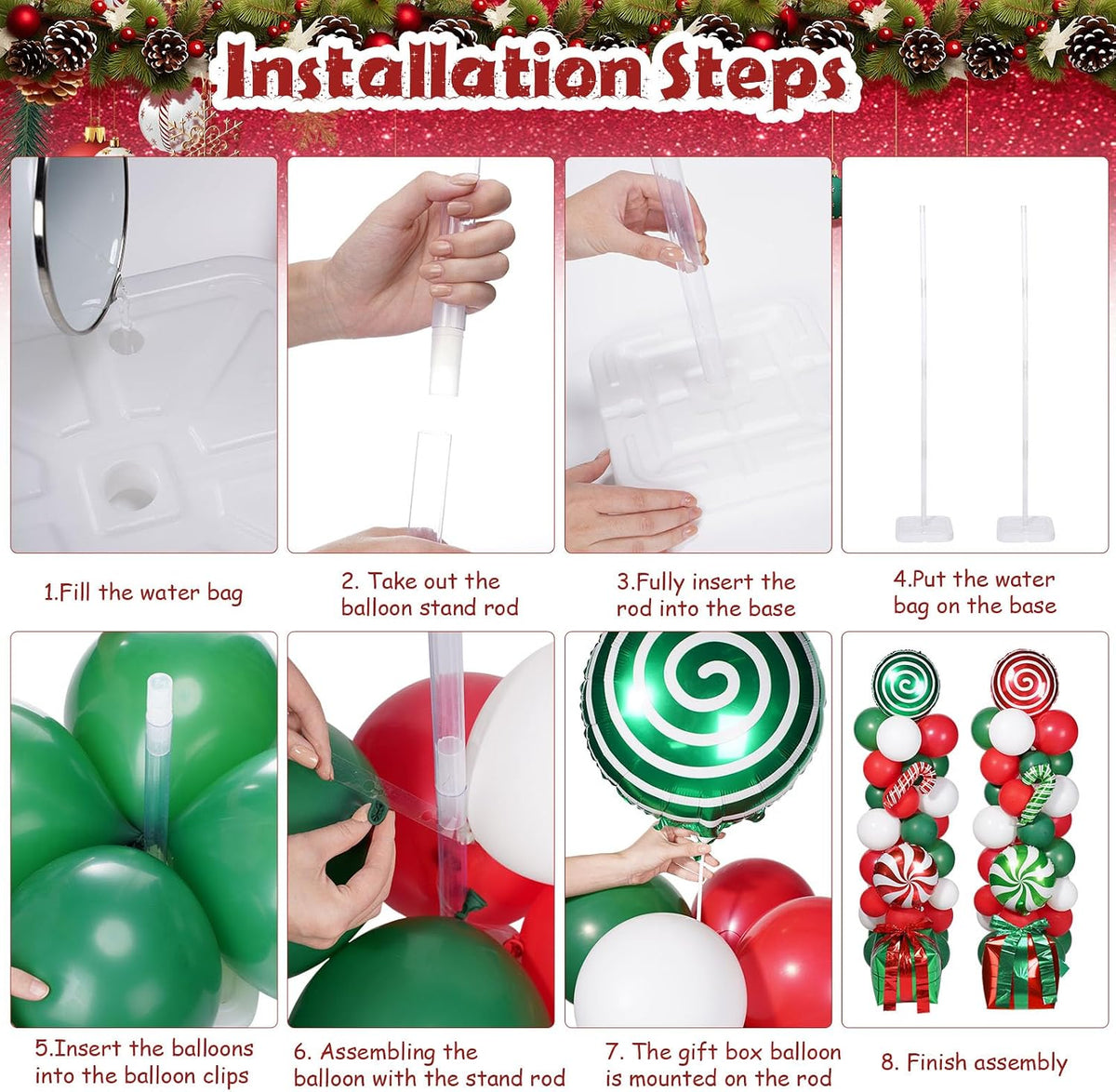 Realspring 132 Pcs Christmas Balloon Column Stand Kit Red Green White