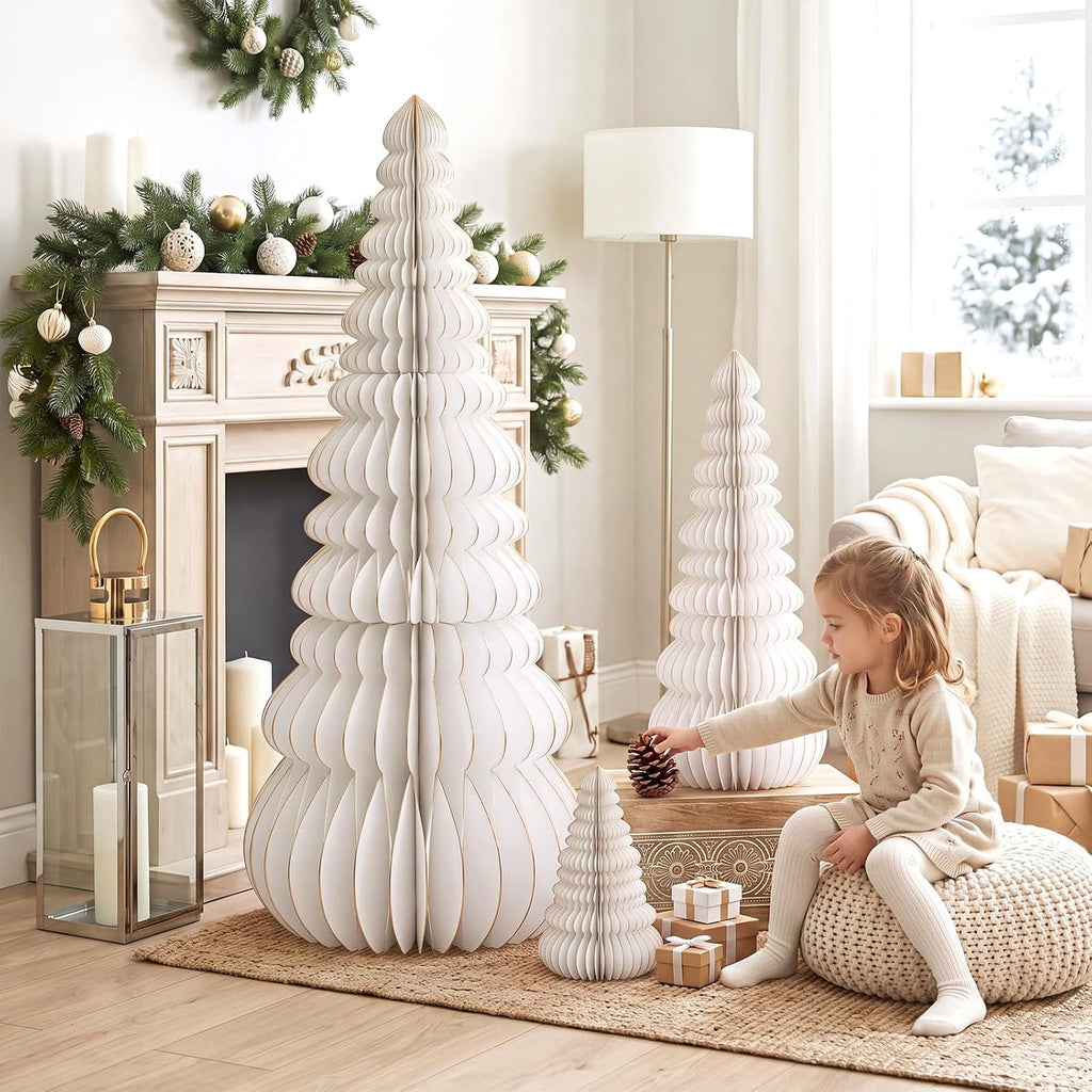 GlikCeil 3 Set Large Honeycomb Paper Christmas Tree Tall, White