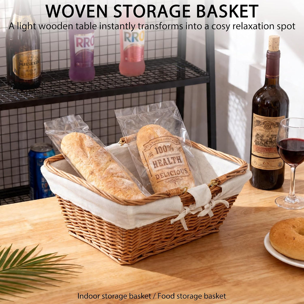 rectangular wicker storage basket with handle & removable showing dimensions