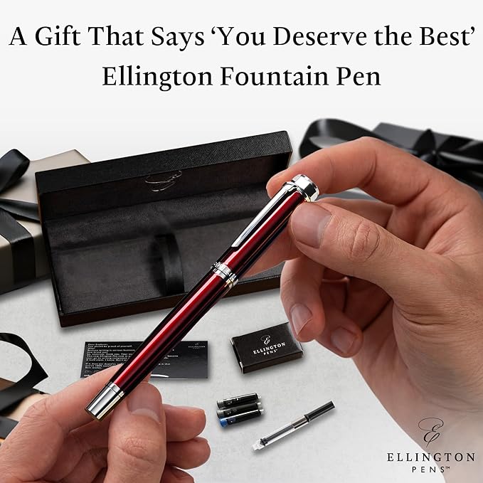 Ellington Pens Luxury Fountain Pen Set- Fountain Pens for Writing - Smooth Fine Nib - Includes Refillable Ink Converter, 3 Ink Cartridges [Black & Blue], Gift Box - Elegant Calligraphy