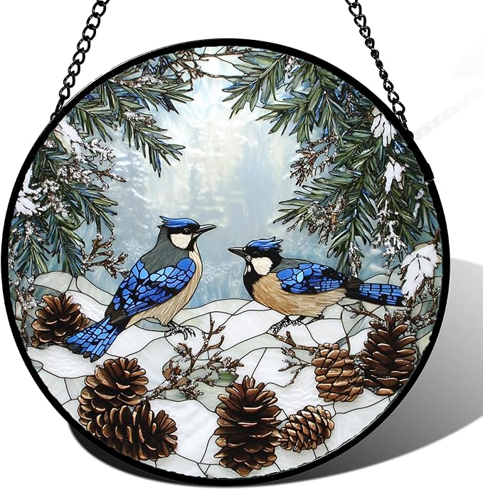 Stained Glass Window Hanging - Blue Bird Winter Forest Landscape Suncatcher for Door Garden Yard Sun Catchers Decor Christmas Mother's Day Birthday Gifts for Women Mom Nana Friend 11.8 in