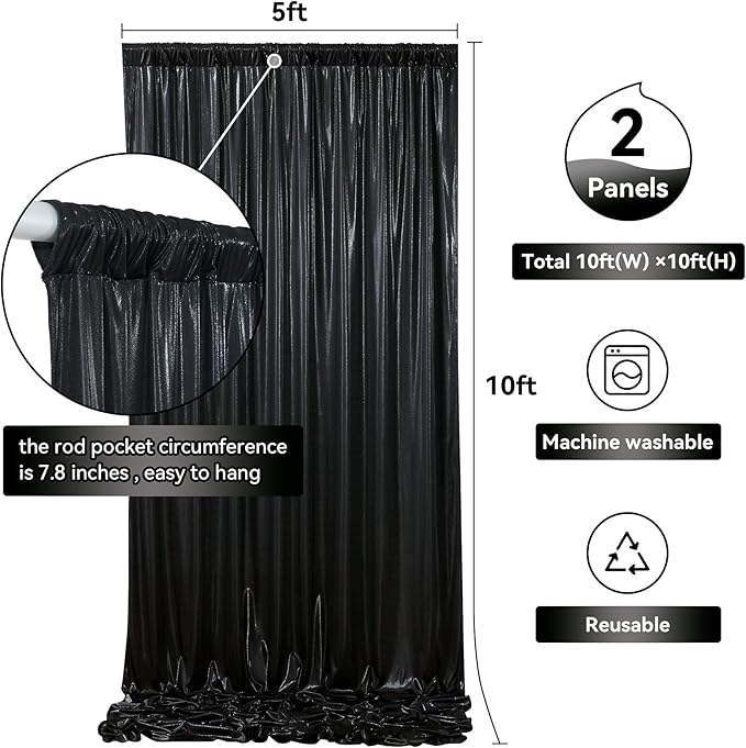 10x10 ft Black Sequin Backdrop Curtain Panels for Parties, Wrinkle Free Glitter Photo Backdrop Drapes 2 Panels 5x10FT Back Drop Cloth Shiny Fabric for Wedding Birthday Christmas Photography Background
