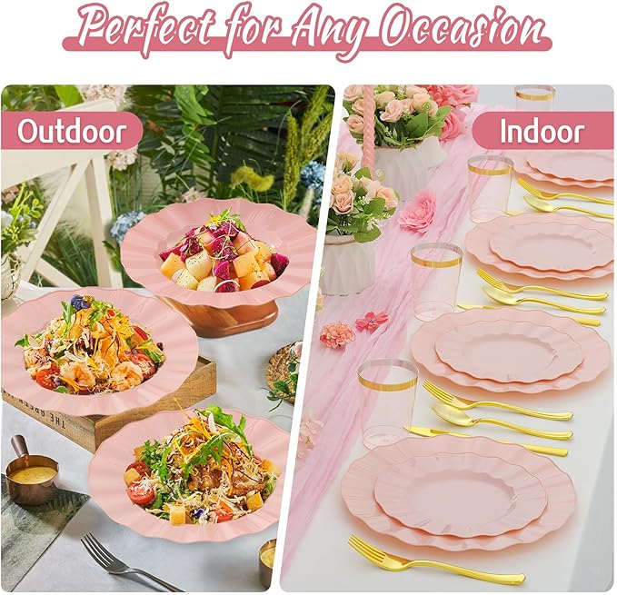 60Pcs Premium Pink Plastic Plates, Fancy Nice Disposable Plate, Elegant Wedding Plates Set include 30 10" Dinner & 30 7" Dessert Plates for Party & Wedding（30Guests