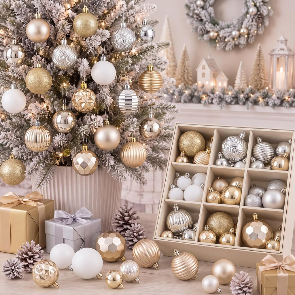 Lunmon 72 Pcs Christmas Ball Ornaments Bulk Champagne Gold Silver White