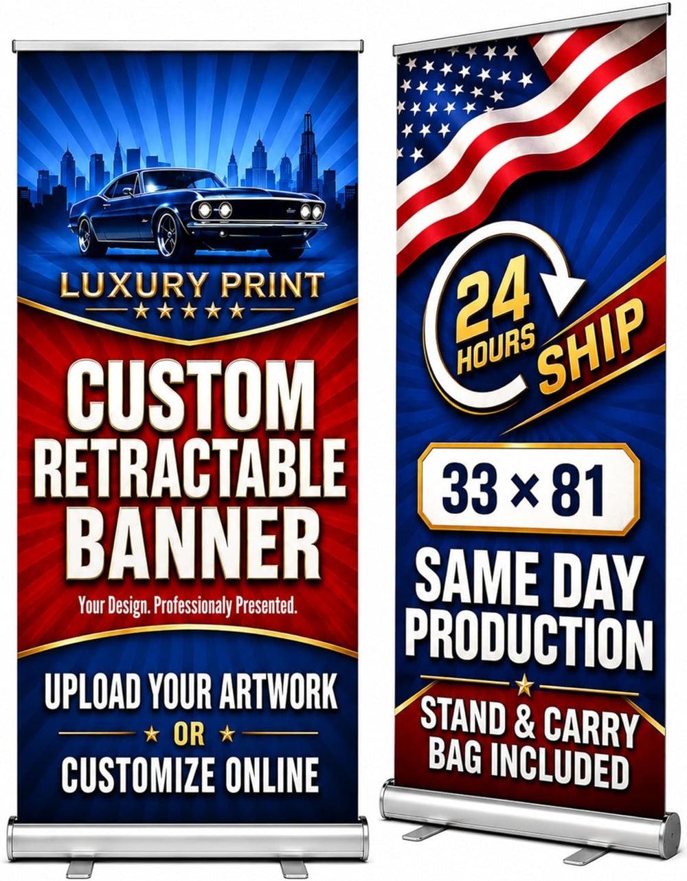 Custom Retractable Banner Stand - Ready in 1 Day - Personalized 33" x 81...
