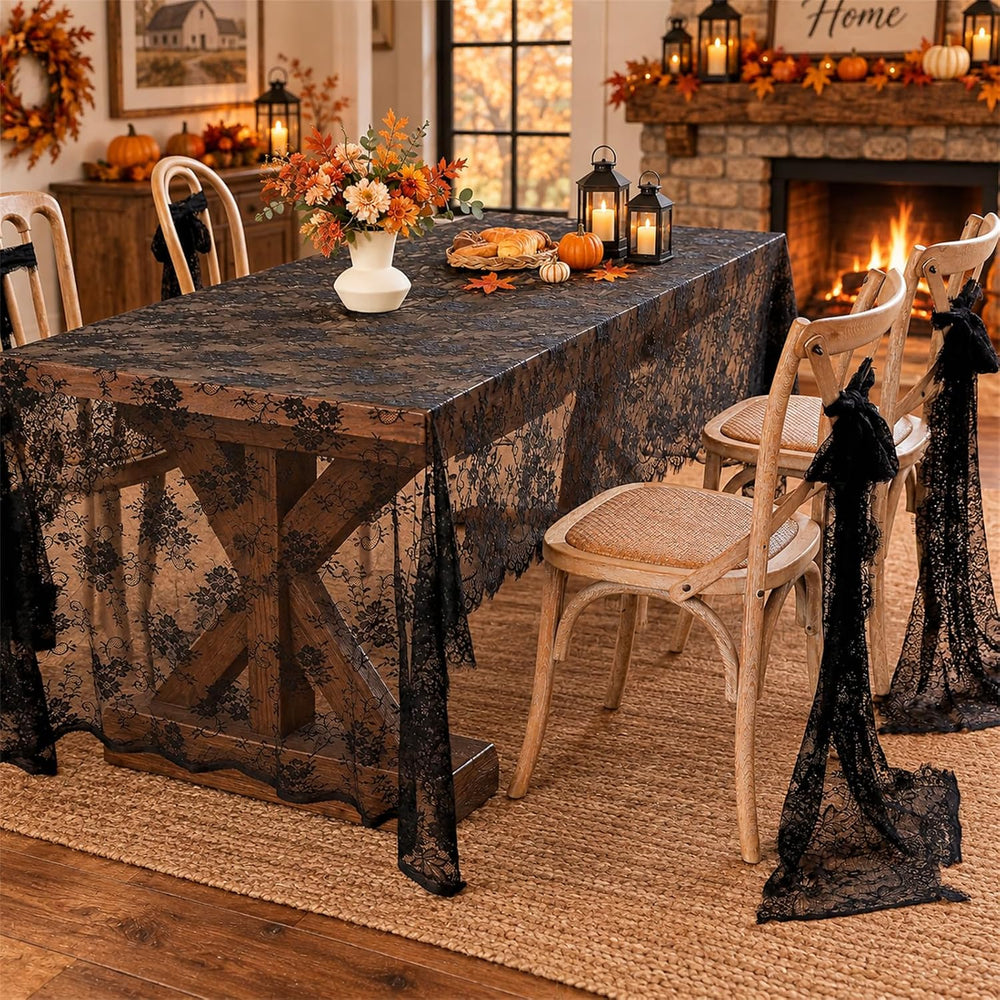 3Pcs Black Lace Tablecloth 60x120 Inch Rustic Halloween Home Decor