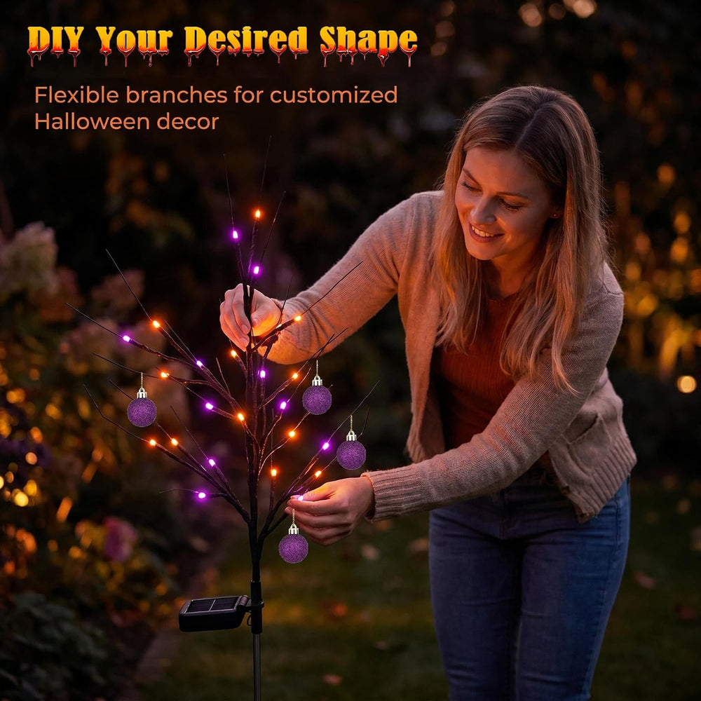 Solar Halloween Black Birch Tree Lights Orange Purple Outdoor Decor 4 Pack