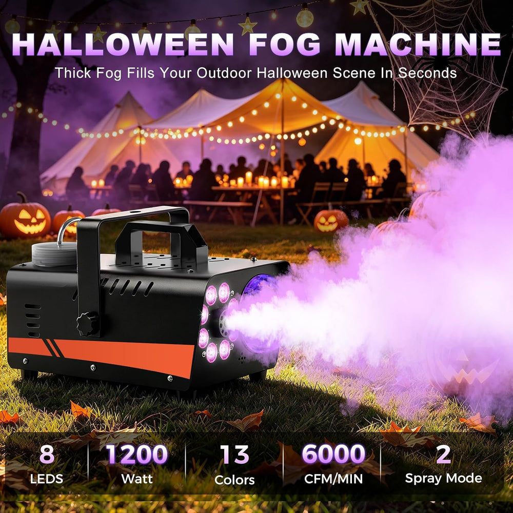 1200W Fog Machine, 6000CFM for Halloween, Disco Light & Remote
