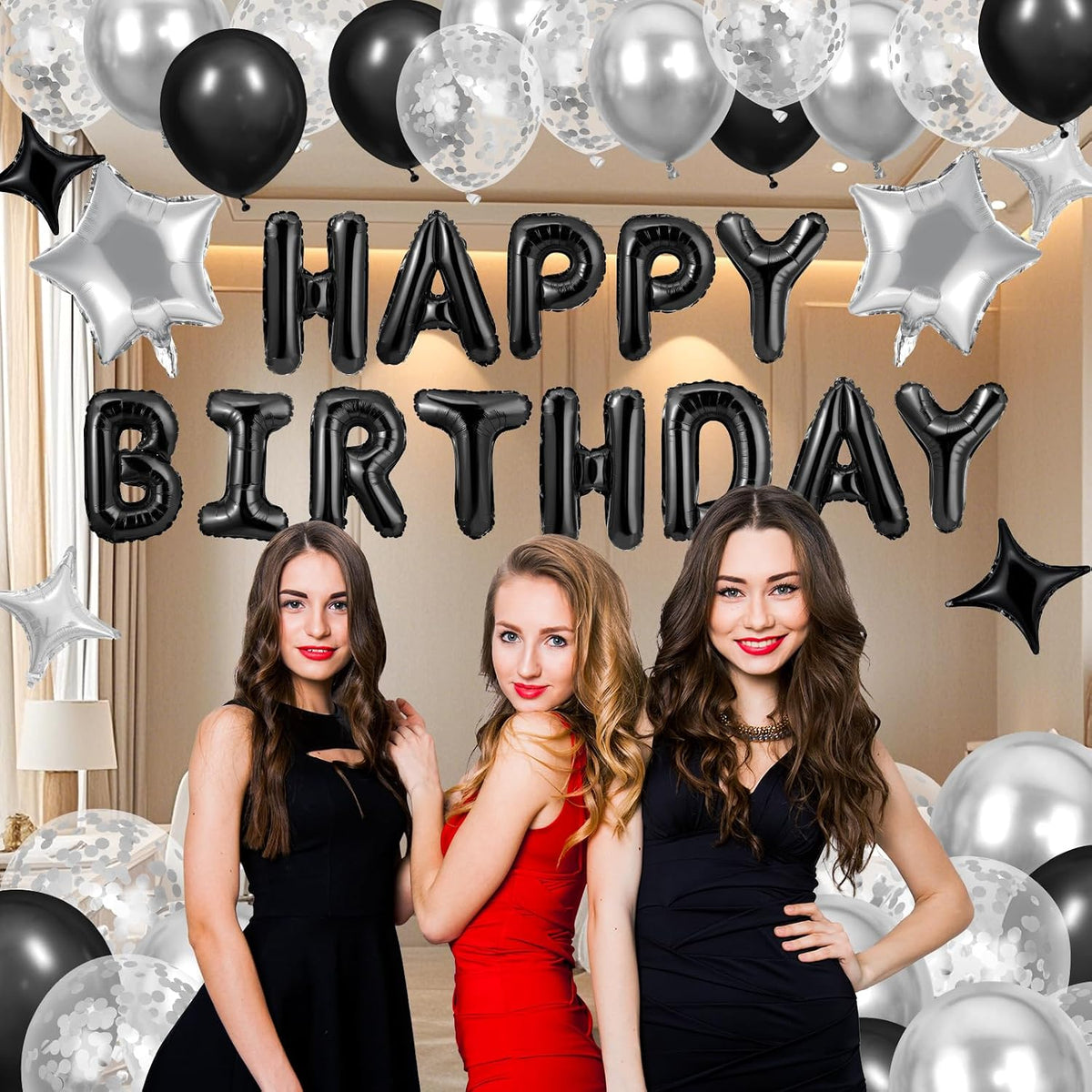 Black Happy Birthday Balloons Decorations Silver and Black Birthday Balloon Letters Banner with 6 Pcs Star Balloons 1000 Artificial Rose Petals 24 Flameless LED Candles for Room Birthday Party Decor