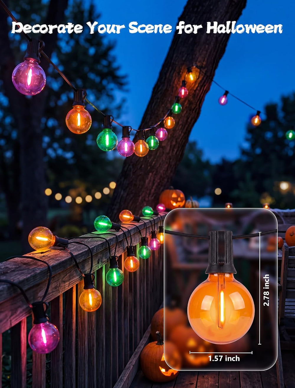 50FT Halloween String Lights with 25 G40 LED Orange Green Purple Bulbs