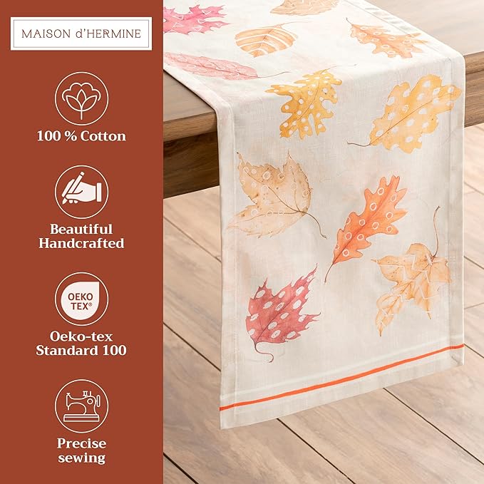 Maison d' Hermine Table Runner 100% Cotton Single Layer Table Runners 108 inches Long for Thanksgiving Christmas Decorations Home Kitchen Dining Party Wedding (Colours of Autumn, 14.5" x 108")