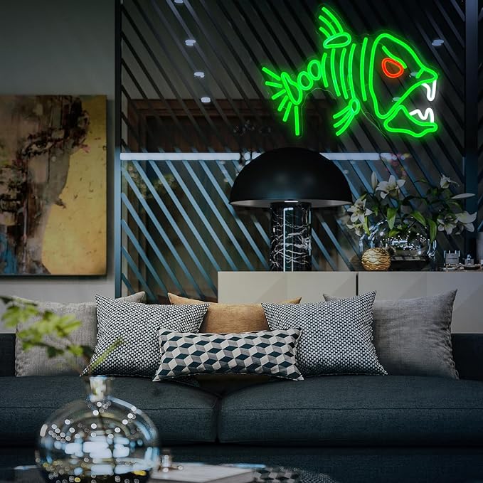 Fish Neon Sign LED Skeleton Fish Neon Light for Wall Decor Dimmable Green Fish Bones Light Up Sign for Living Room Game Room Restaurant Man Cave Art Wall Decoration (16.7 ''*12.8 '')