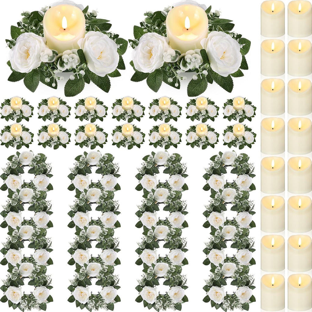 Yunlly 16 Set Rose Candle Rings with LED Candles 3 Inch Center,White