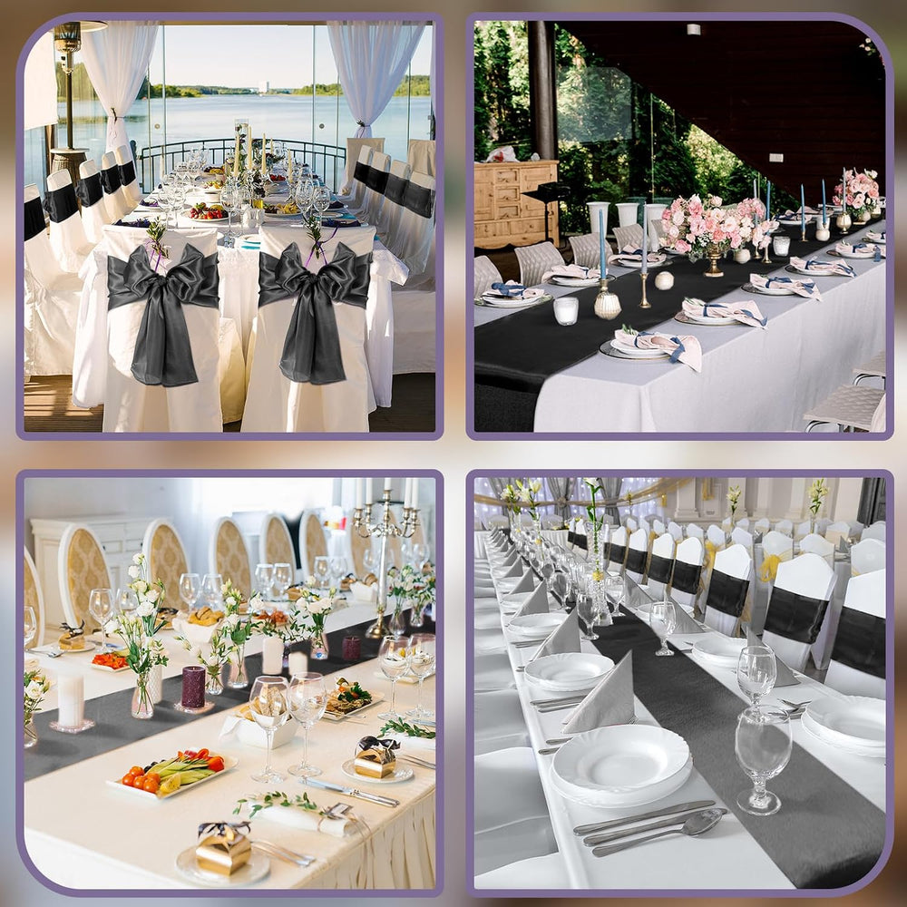 Bencailor 24 Pcs Black Satin Table Runners Bulk, 12 x 108 Inch