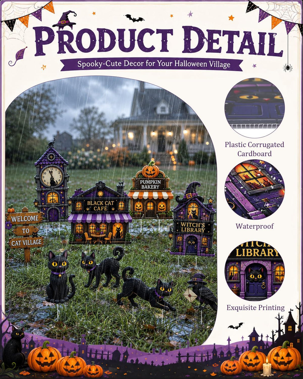 Halloween Yard Signs Outdoor Decorations - 12 Pcs Black Cat Village Set