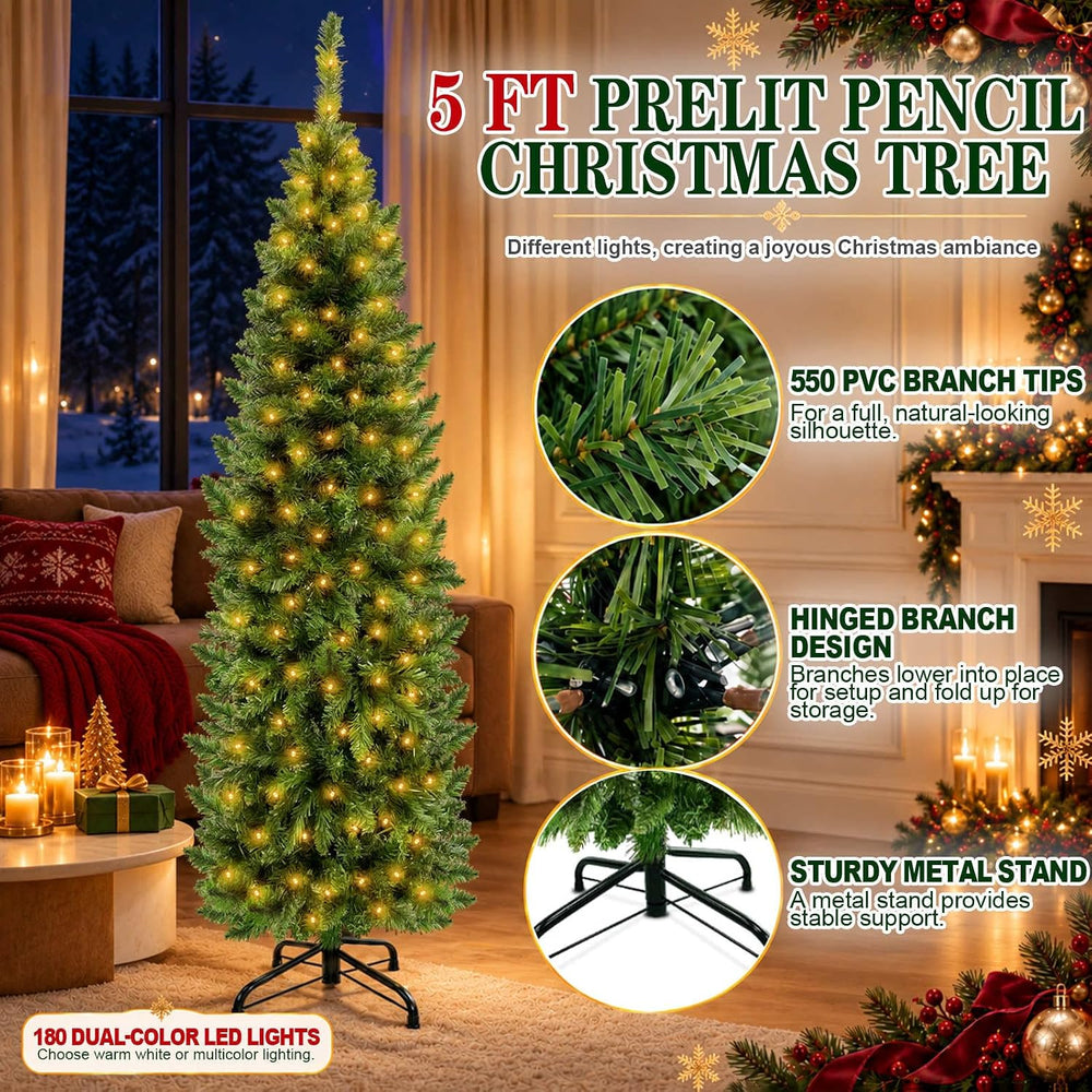 5 Ft Prelit Pencil Christmas Tree with 180 LED Dual Color Change Lights