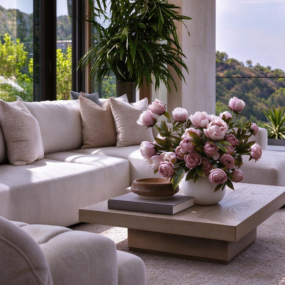 Artificial Peony Flowers, 8 Pink Faux Silk Floral Stems for Vase