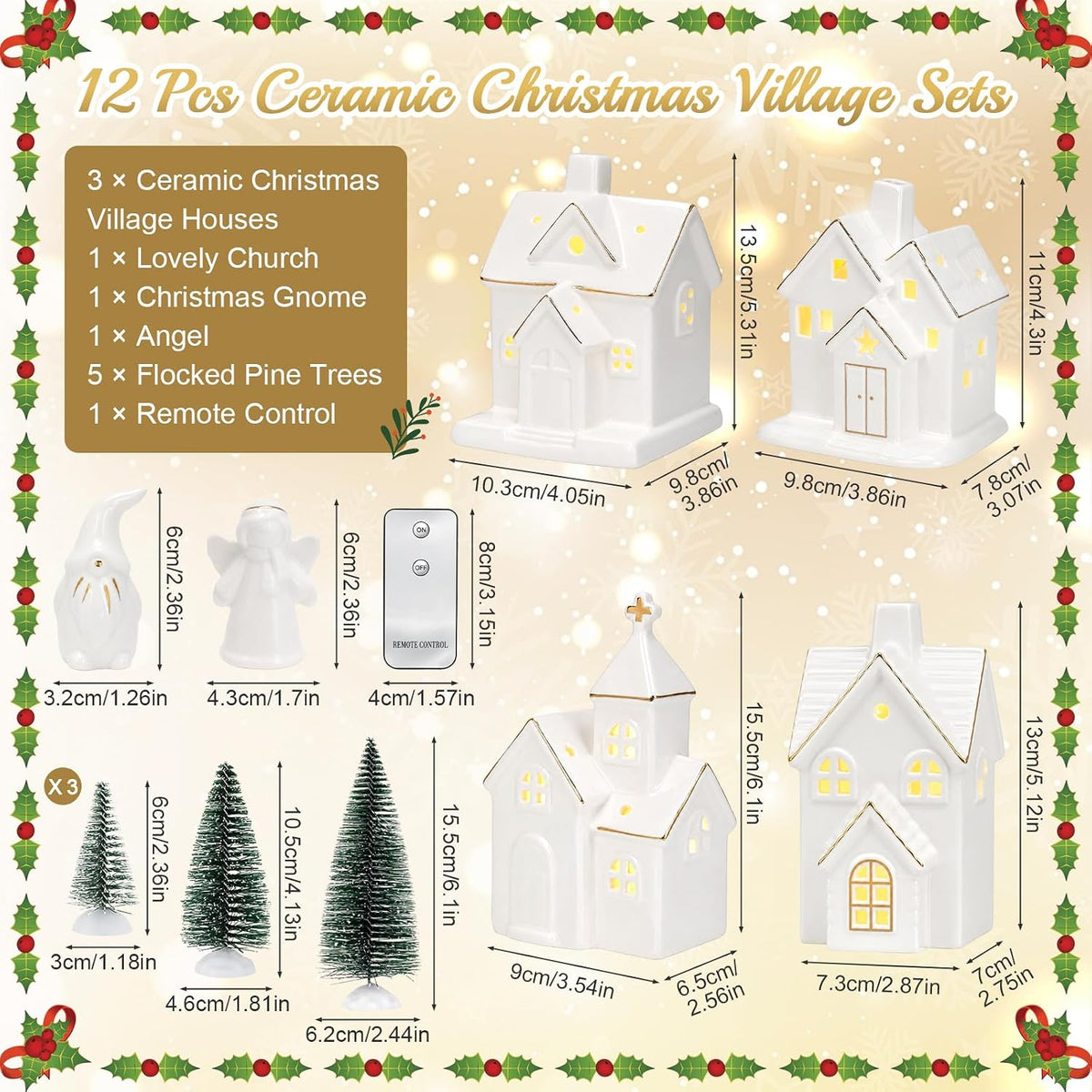 Christmas Village Sets,12 Pcs Christmas Village Houses with LED Light