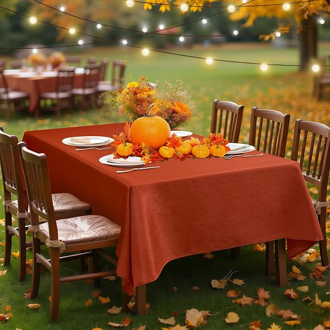 Fitable Faux Linen Rectangle Tablecloths 60 x 102 Inch - 2 Pack Rust Table Cloth for 6-8 Foot Tables, Faux Burlap Kitchen Table Cover for Thanksgiving Autumn Dining Party Farmhouse Banquet Buffet