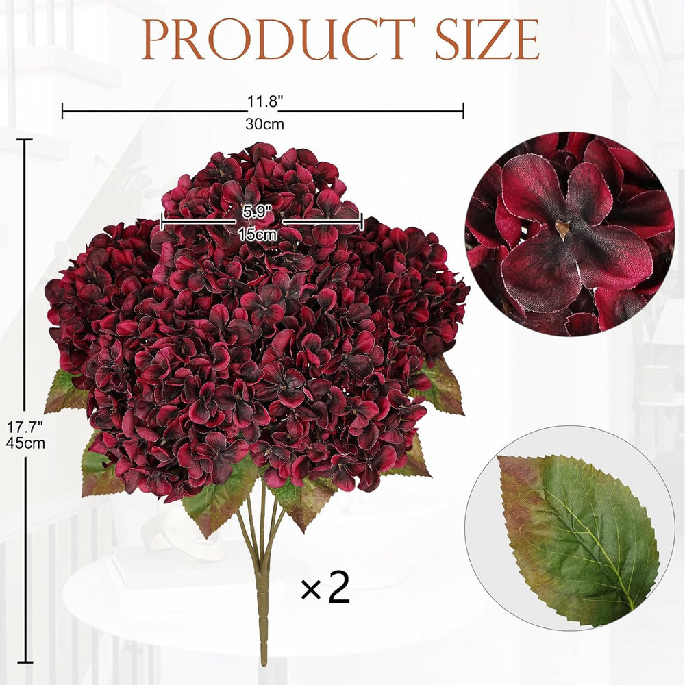 Hollyone Burgundy Hydrangea Artificial Flowers 2PCS Fake Fall Flowers Decor