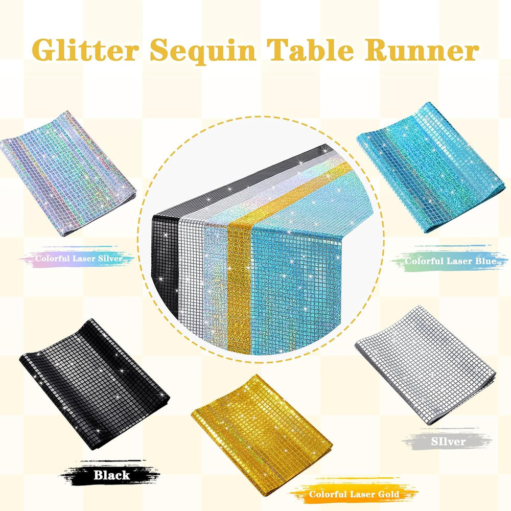 Black Sequin Table Runner 8 Packs 13 x 72 Inch Glitter Mirror Fabric