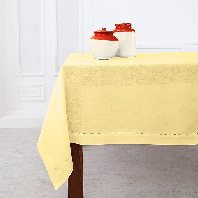 Solino Home Square Linen Tablecloth 52 x 52 Inch - 100% Pure Linen Yellow Table Throw - Classic Hemstitch, Machine Washable Table Cloth