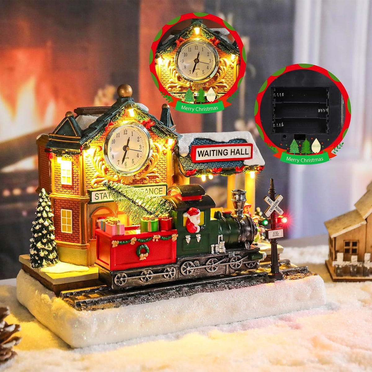 vipush christmas village house decorations resin railway station, side view