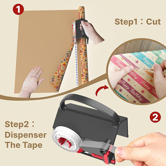 (2-Pack) Wrapping Paper Cutter & Tape Dispenser Dual Use with 4 Tapes，2 Replace Blades Kit for Christmas Gift Wrap Cutter Tool Paper Roll Holder Tube Sliding Slicing for Birthday Holiday.
