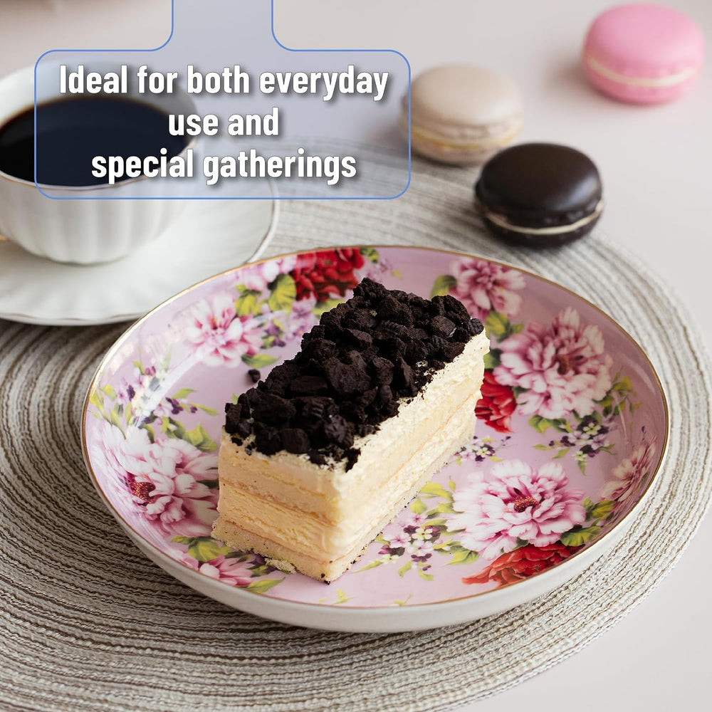 BTaT- Floral Gold Rim Dessert Plates, 8", 6 Pack, Christmas