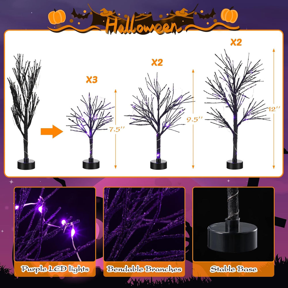 Baquler 7 Pcs Halloween Village Trees with Lights, LED Black Birch Decor