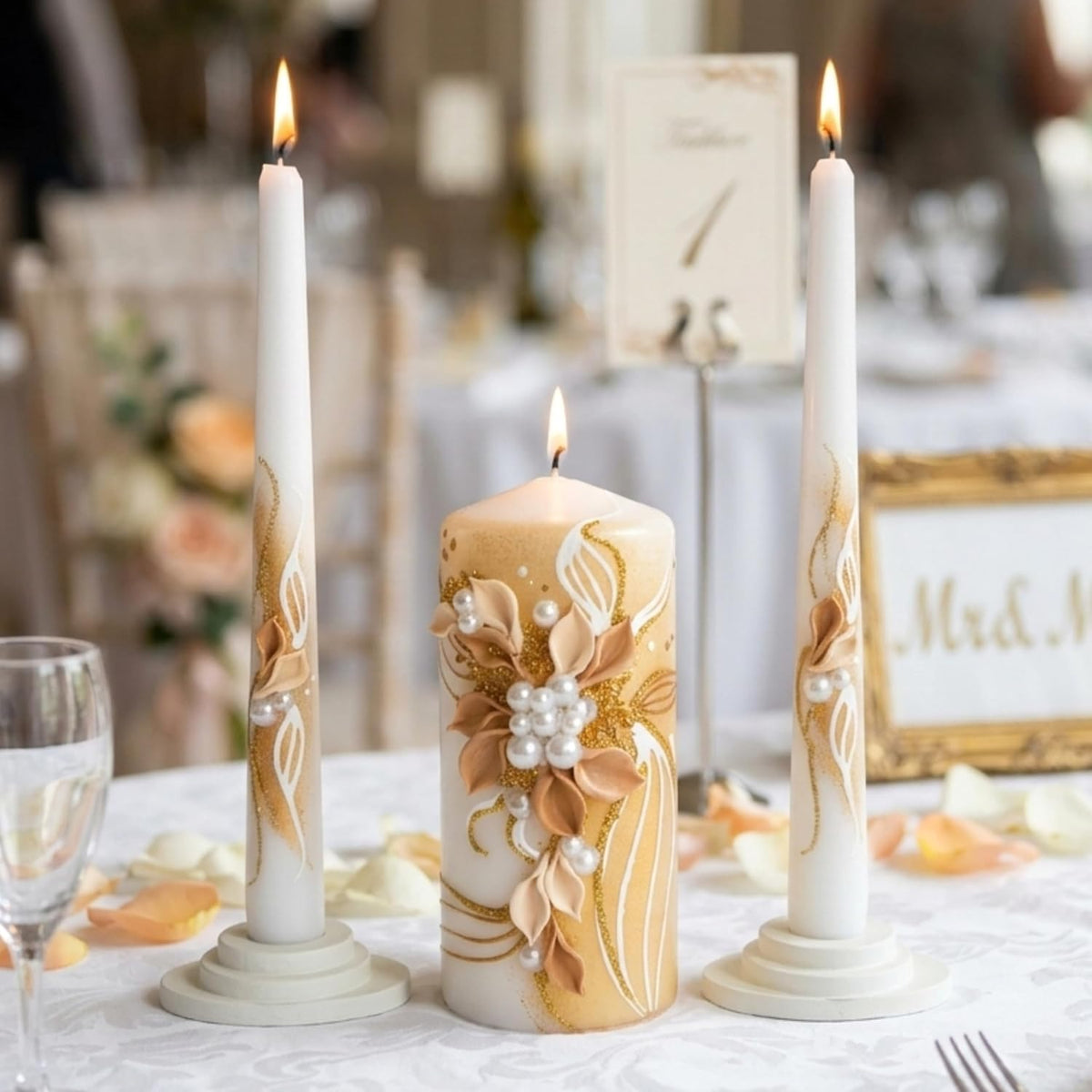 Unity Candle Set for Wedding Ceremony – 6” Pillar & Two 10” Taper Candles – Long Burning Wedding Unity Candles for Reception Marriage Ritual & Home Decor - Handmade in USA – White | Gold