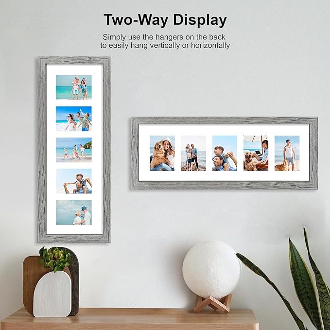 8x24 Picture Frame 2 Pack, Rustic Grey Wood Frame with Tempered Glass, Display Pictures Multiple Five 4x6 With Mat or 8 x 24 Without Mat - Horizontal or Vertical Wall Mounting
