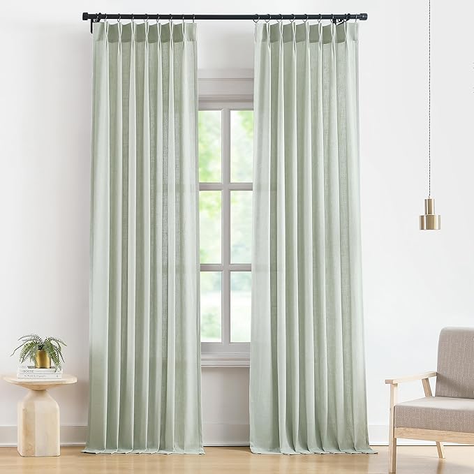 Vision Home Soft Green Pinch Pleated Semi Sheer Curtains Textured Linen Blended Light Filtering Window Curtains 120 inch for Living Room Bedroom Pinch Pleat Drapes with Hooks 10ft 2 Panels 40"Wx120"L