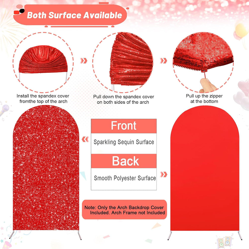 Red Black Sequin Arch Backdrop Cover Set of 2 (7.2ft+6ft) Round Top Chiara Ar...