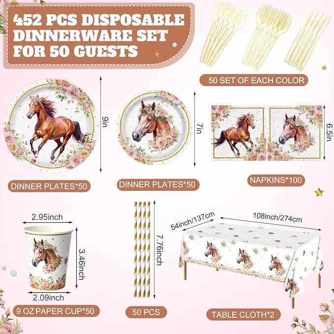 452 Pcs Horse Birthday Decorations for 50 Guests, Pink Floral Cowgirl Paper Plates Napkins Cups Tablecloth Cutlery Straws for Horse Themed Western Wedding Baby Shower Party Supplies