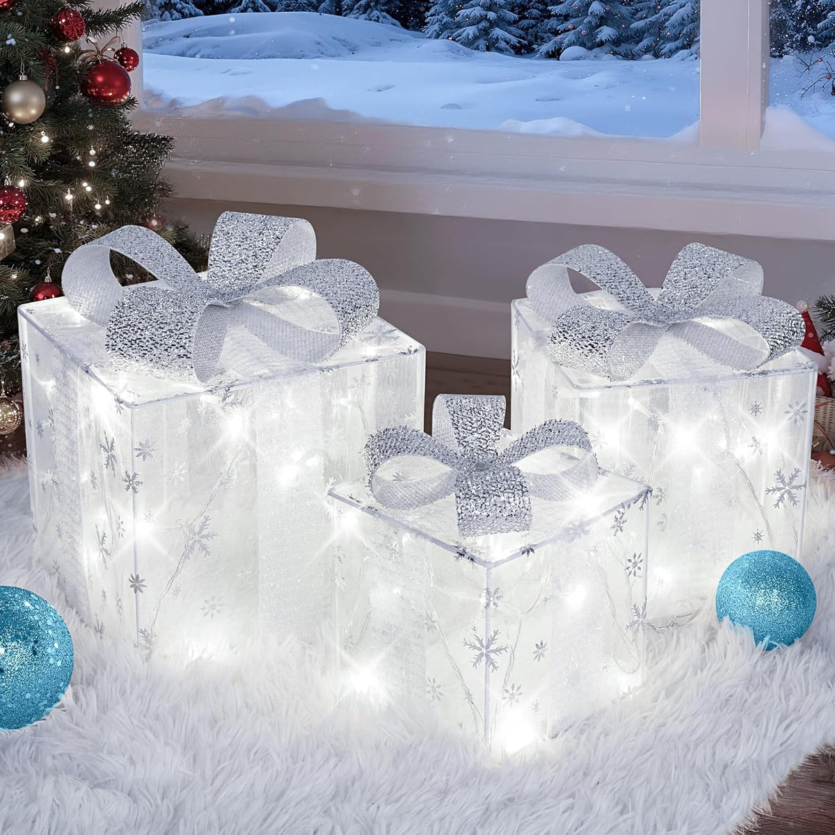 Towponics Set of 3 Christmas Lighted Gift Boxes, Outdoor Christmas Decorations with 60 LED Cool White Mini String Lights, Present Boxes with Bows and Snowflake Design for Xmas Tree Porch Mantel Decor