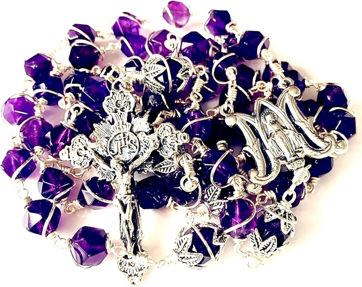 elegantmedical Handmade Amethyst Rosary Beads Necklace 925 Sterling Silver Cross Catholic Gift