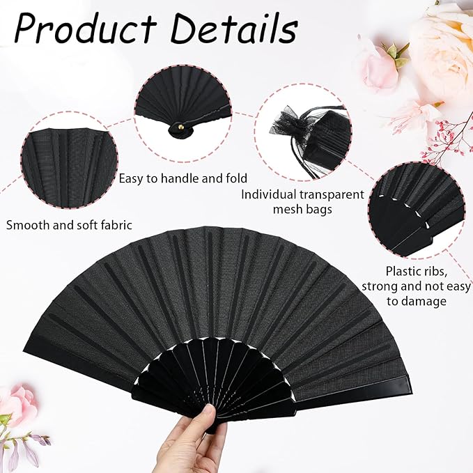 Wenqik 80 Pcs Wedding Folding Hand Fans Bulk Silk Fabric Chinese Handheld Foldable Clack Fans with Plastic Ribs for Party, Wedding Gifts, Line Dancing, Home Decorative (Black,White)