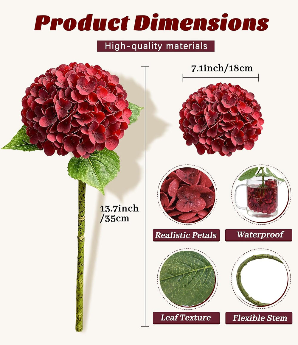 5Pcs Red Faux Hydrangeas Artificial Flowers with Stems & Leaves